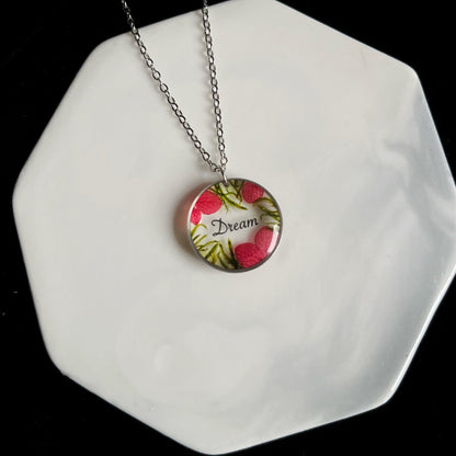Moss and hydrangea pendant with text